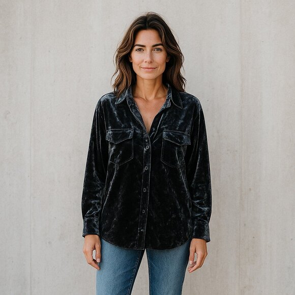 Just One Answer Velour Button-Up Shirt – Women’s Medium – Back Cutout - Picture 1 of 3